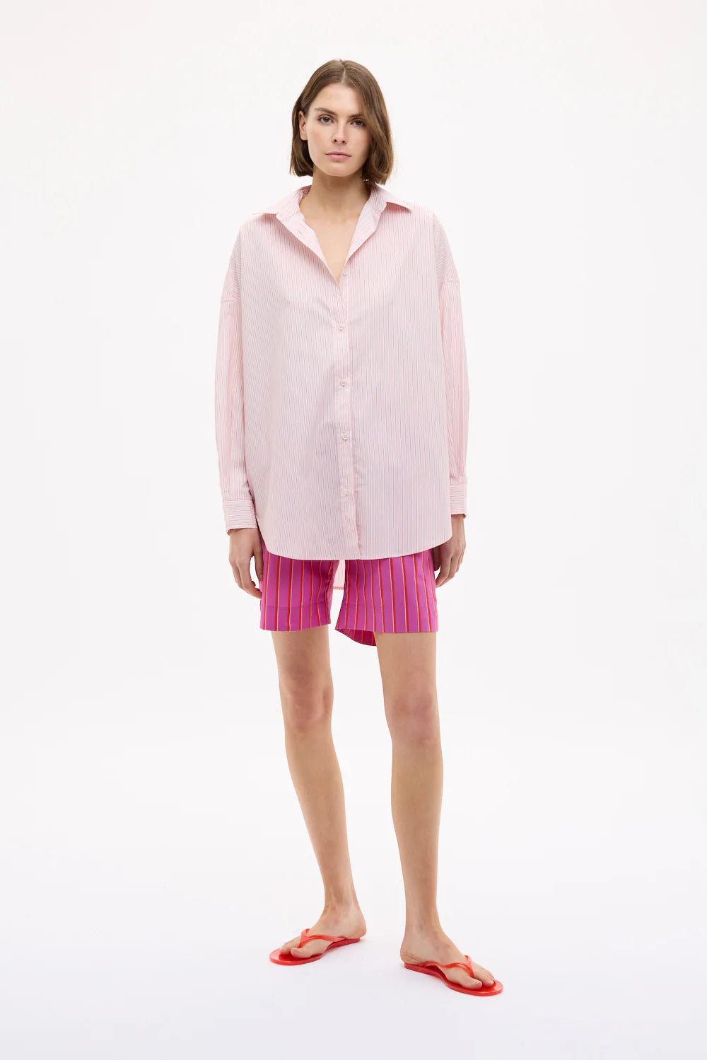 Mara Oversized Long Sleeve Shirt in Primrose Pink, Natural and True Red Stripe