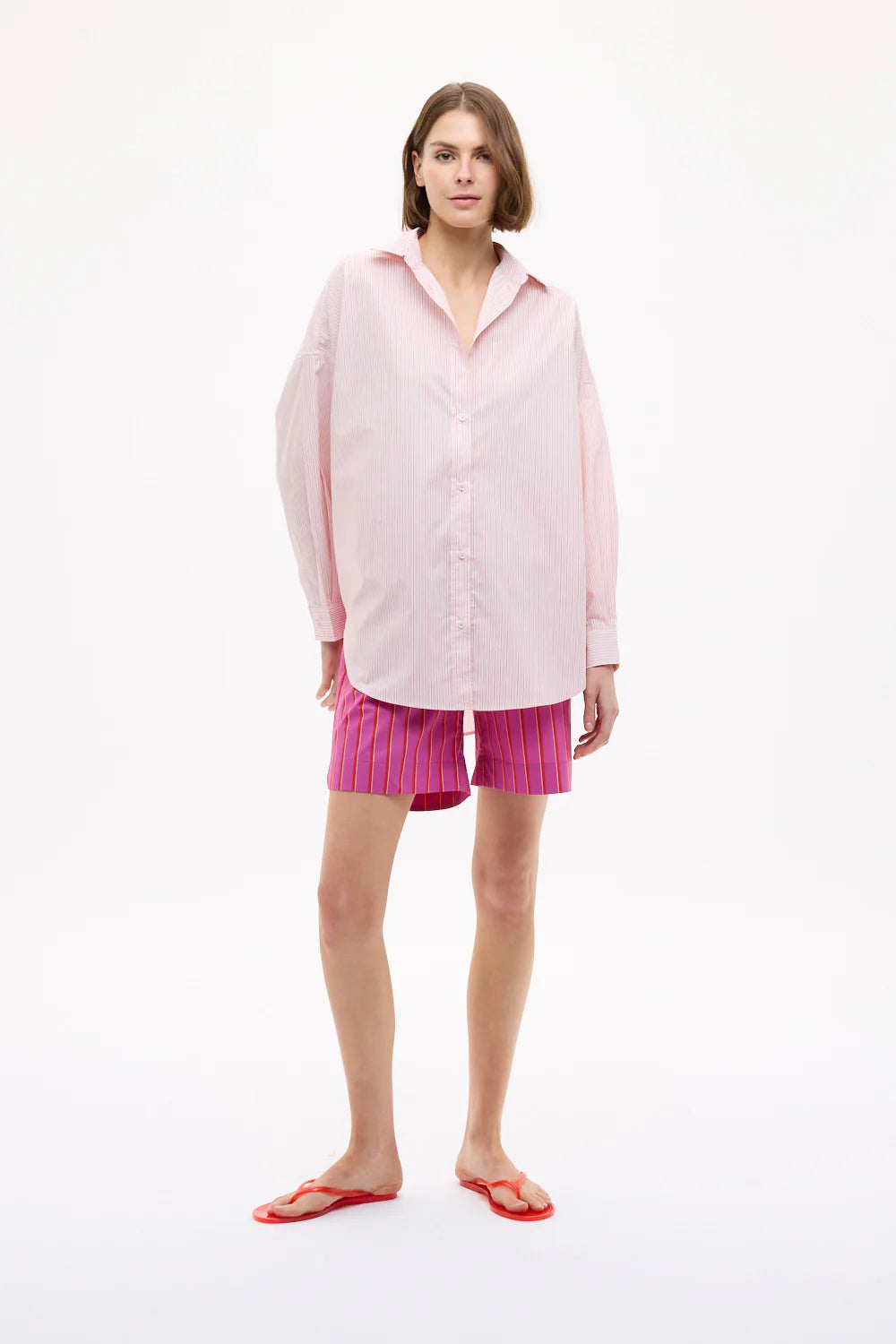 Mara Oversized Long Sleeve Shirt in Primrose Pink, Natural and True Red Stripe