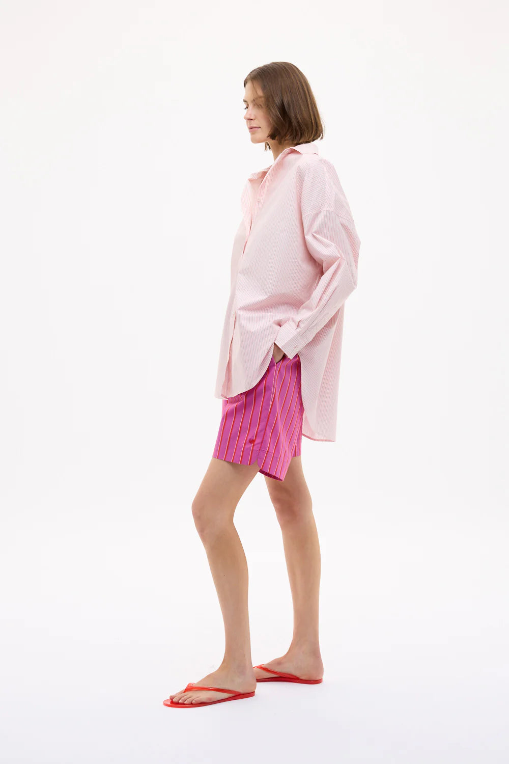Mara Oversized Long Sleeve Shirt in Primrose Pink, Natural and True Red Stripe