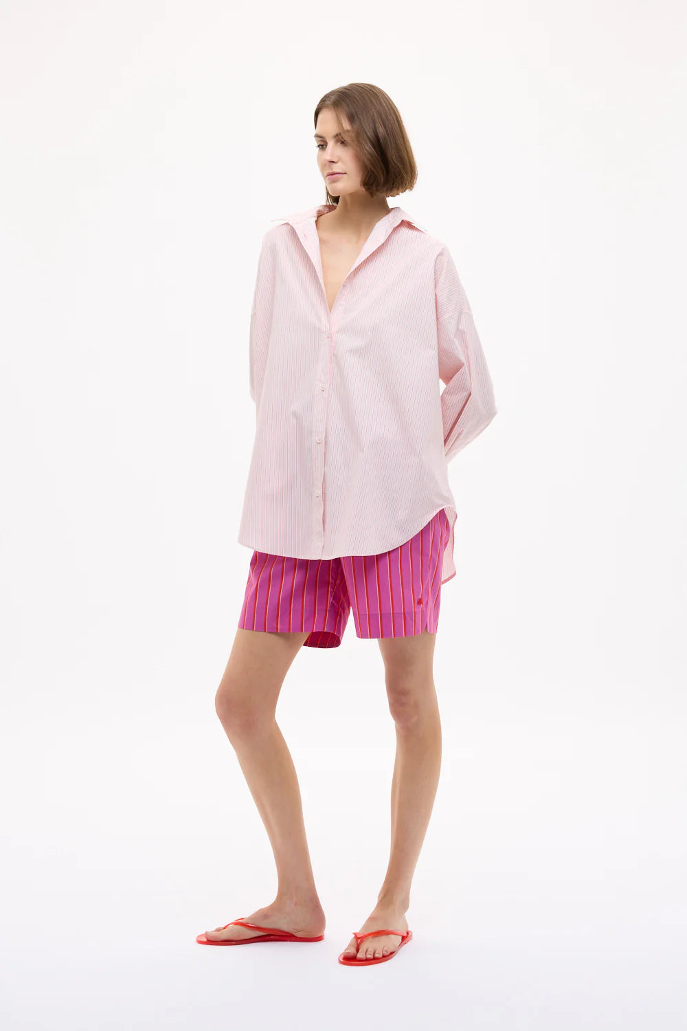 Mara Oversized Long Sleeve Shirt in Primrose Pink, Natural and True Red Stripe