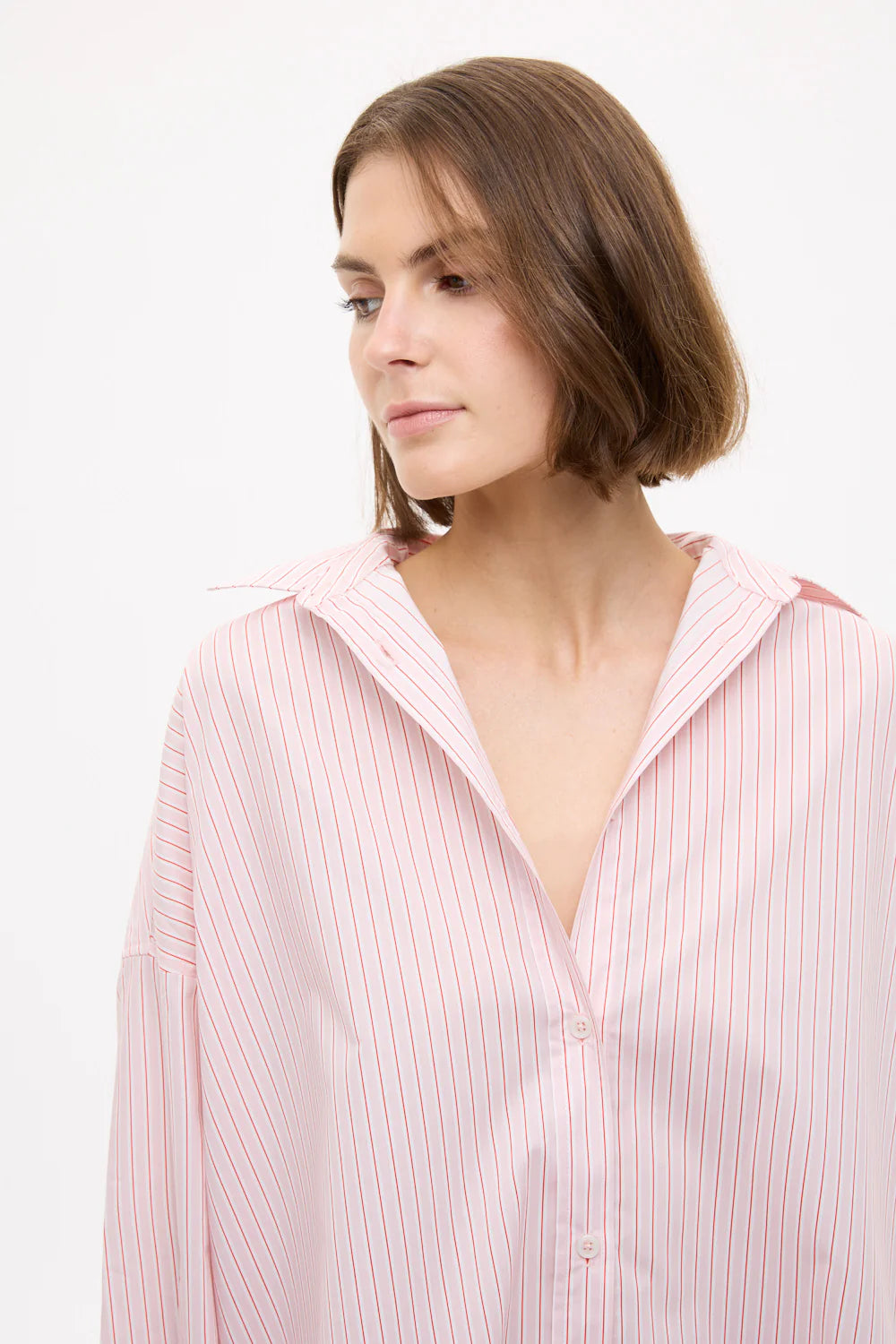 Mara Oversized Long Sleeve Shirt in Primrose Pink, Natural and True Red Stripe