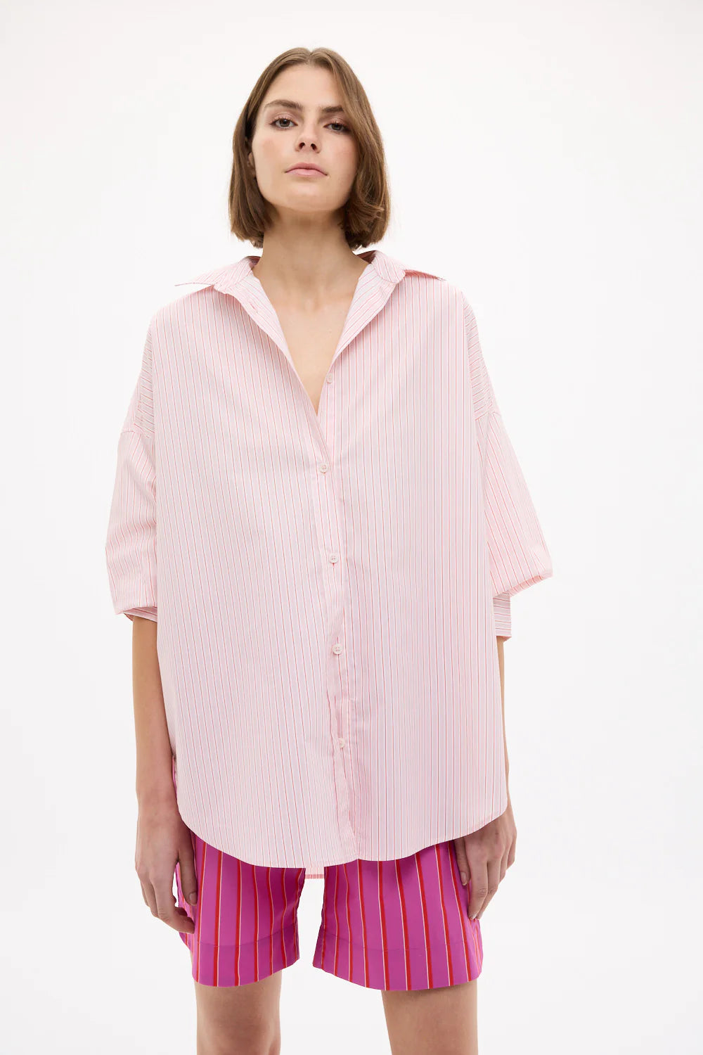 Mara Oversized Long Sleeve Shirt in Primrose Pink, Natural and True Red Stripe