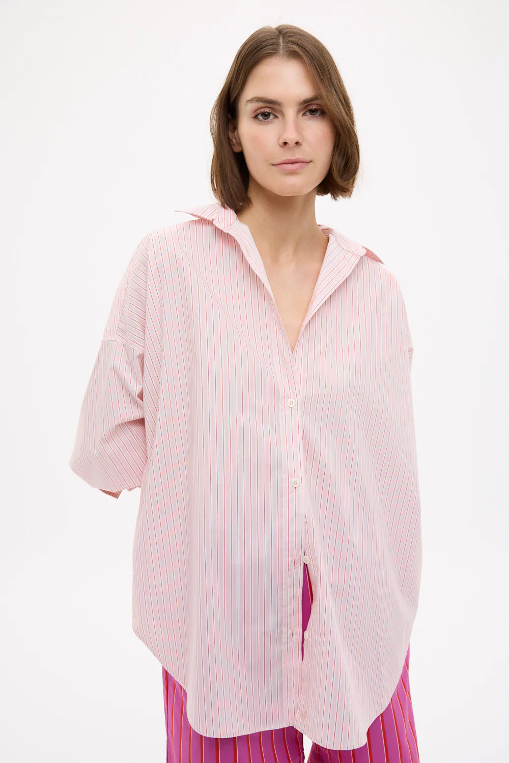 Mara Oversized Long Sleeve Shirt in Primrose Pink, Natural and True Red Stripe