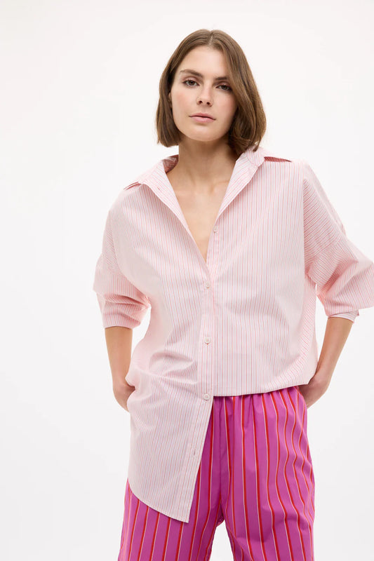 Mara Oversized Long Sleeve Shirt in Primrose Pink, Natural and True Red Stripe