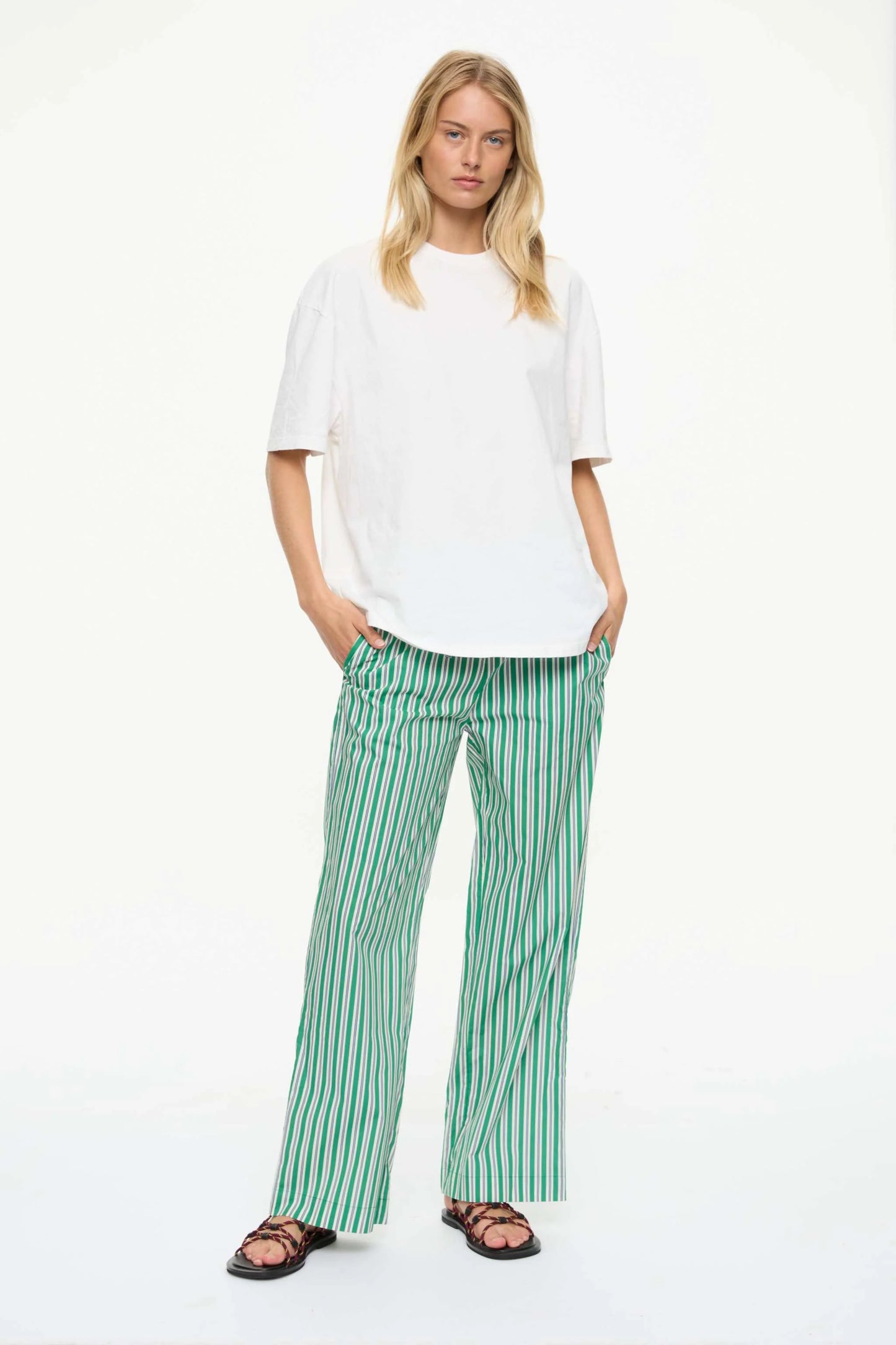 Cala Drawstring Pant in Green Hills, White and Navy