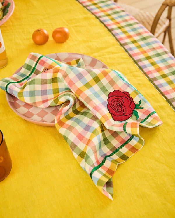 Sweet Flowers Tartan Embroidered 4 Peice Napkin Set