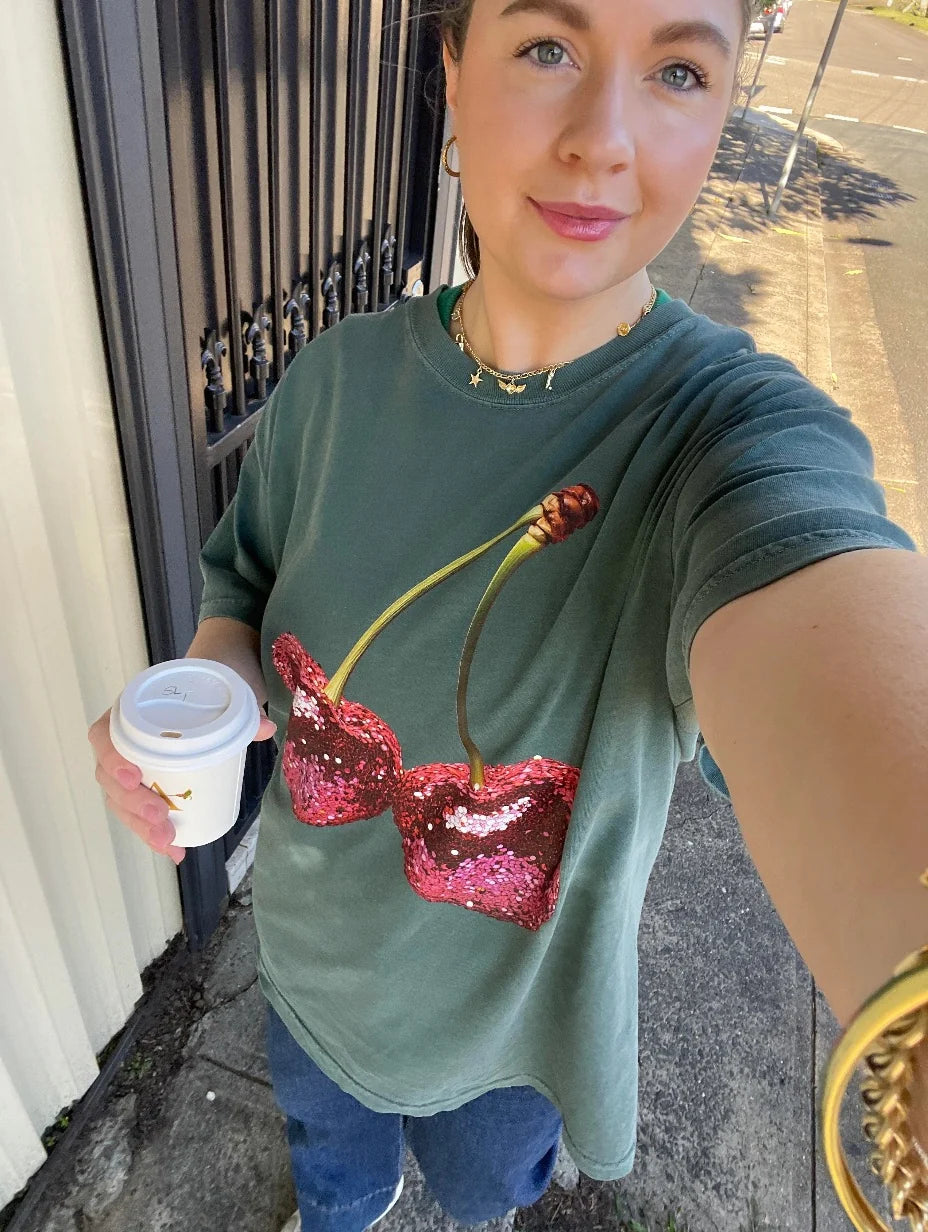 Disco Cherries Relaxed Tee in Dark Spruce