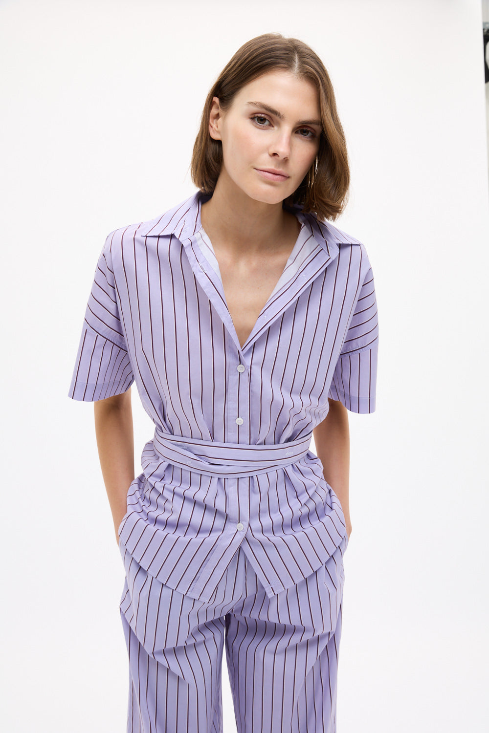 Chiara Short Sleeve Backless Shirt in Pastel Lilac, Fig and Natural Stripe