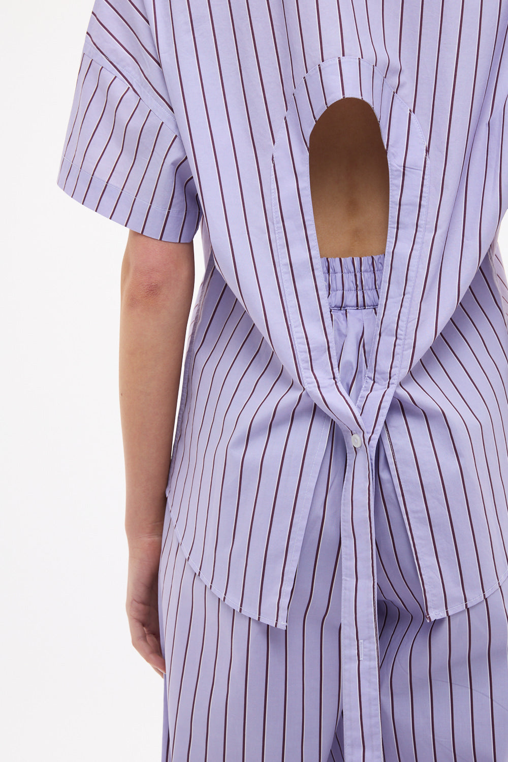 Chiara Short Sleeve Backless Shirt in Pastel Lilac, Fig and Natural Stripe