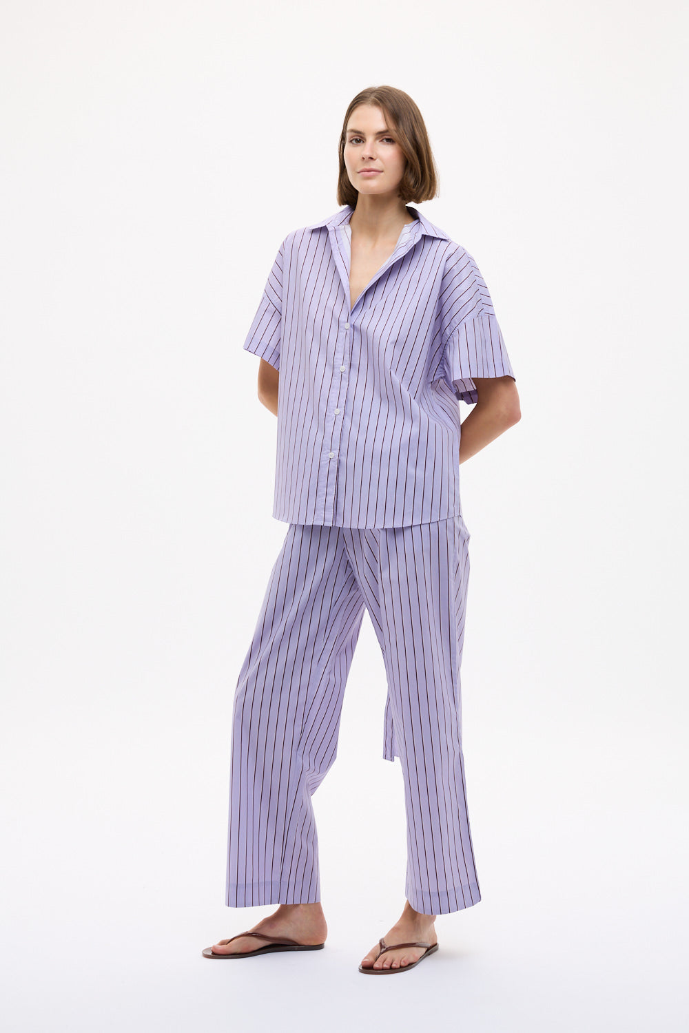 Chiara Short Sleeve Backless Shirt in Pastel Lilac, Fig and Natural Stripe
