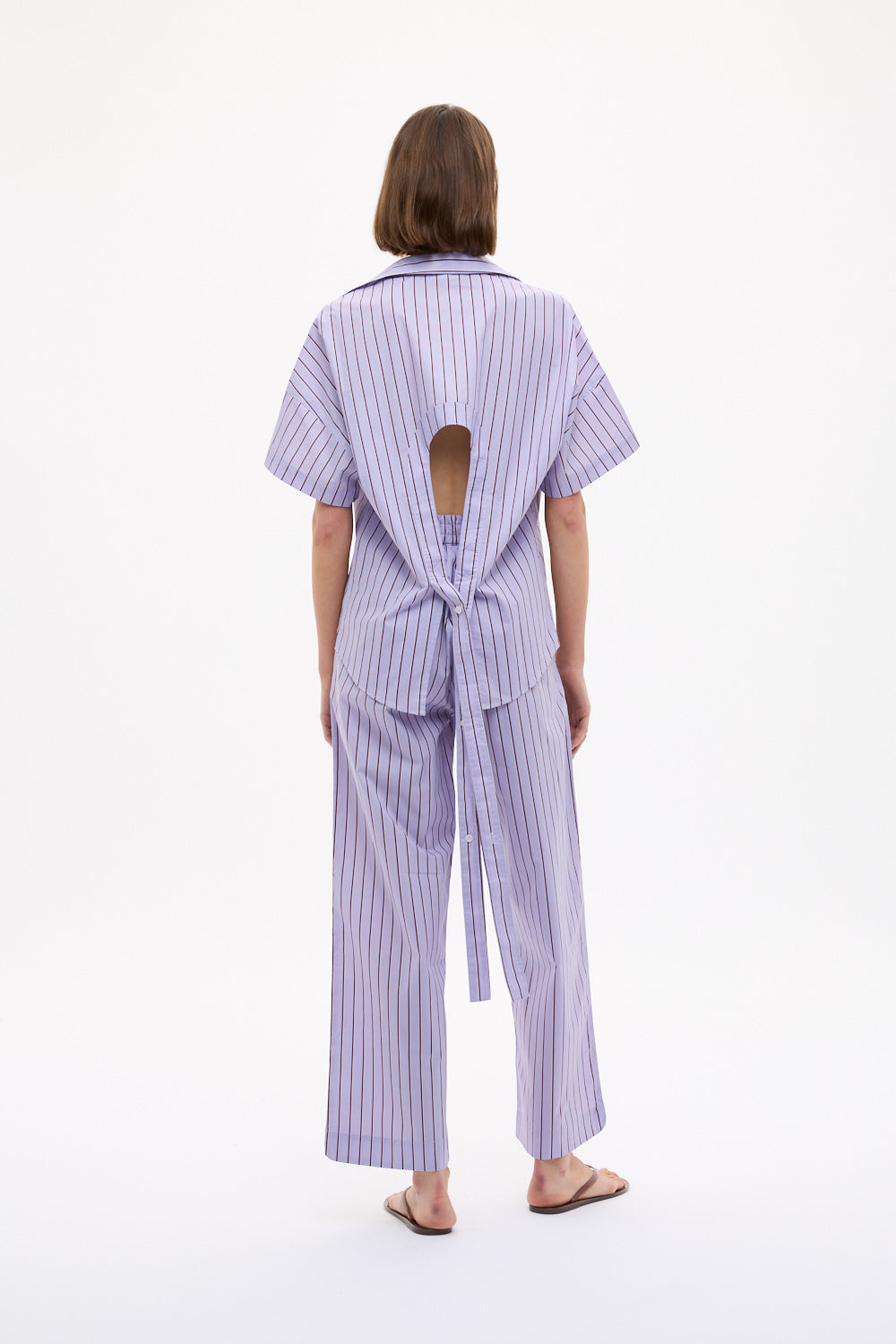 Chiara Short Sleeve Backless Shirt in Pastel Lilac, Fig and Natural Stripe