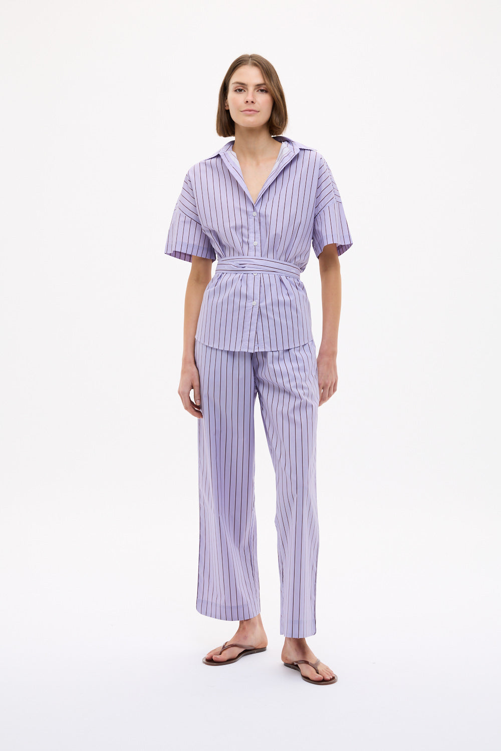 Chiara Short Sleeve Backless Shirt in Pastel Lilac, Fig and Natural Stripe