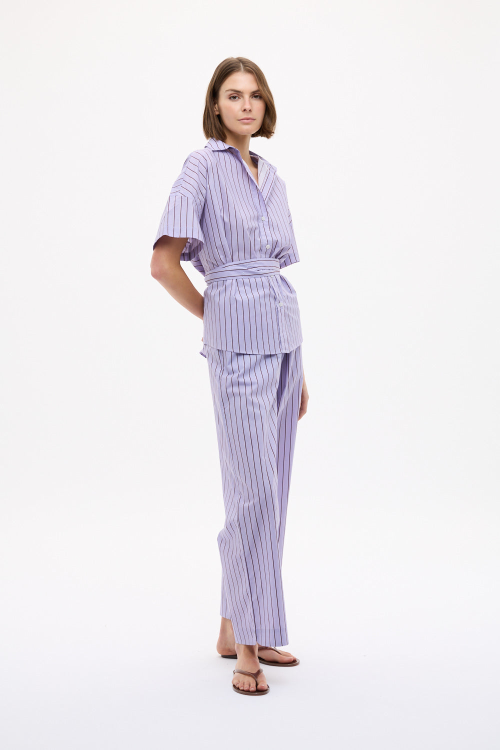 Chiara Short Sleeve Backless Shirt in Pastel Lilac, Fig and Natural Stripe