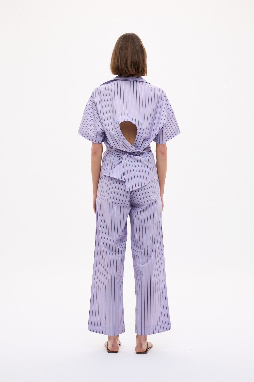 Chiara Short Sleeve Backless Shirt in Pastel Lilac, Fig and Natural Stripe