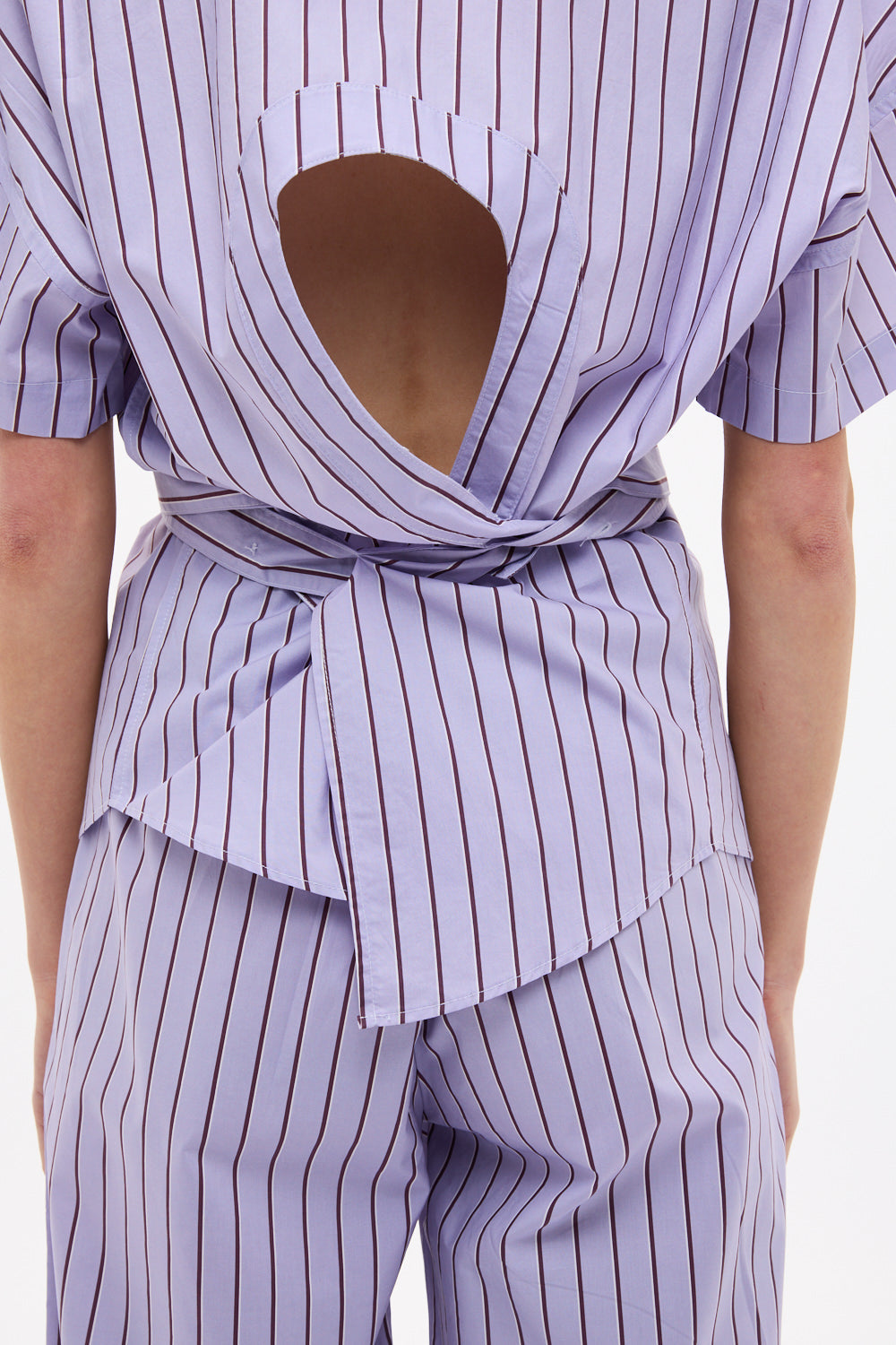 Chiara Short Sleeve Backless Shirt in Pastel Lilac, Fig and Natural Stripe