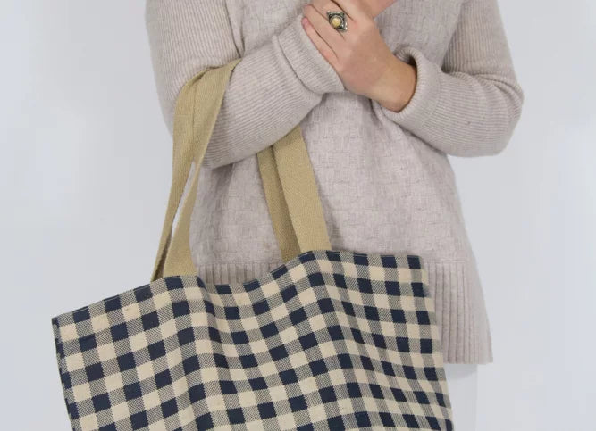 Navy and Cream Gingham Tot bag being held