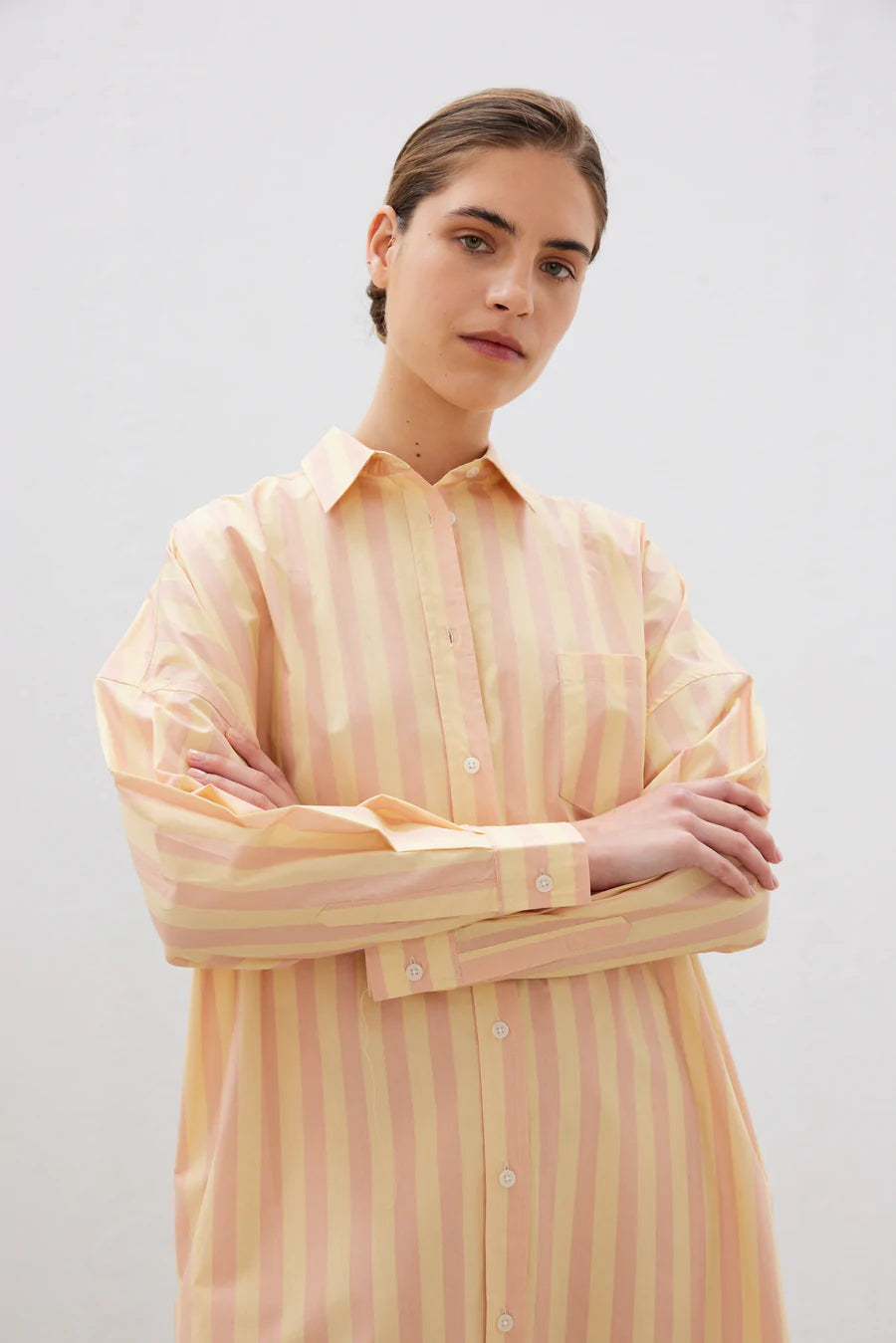 The Chiara Shirt Dress in Pink Clay & Wool Stripe